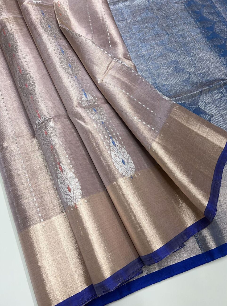 Rose Gold & Blue - Tissue Uppada Saree