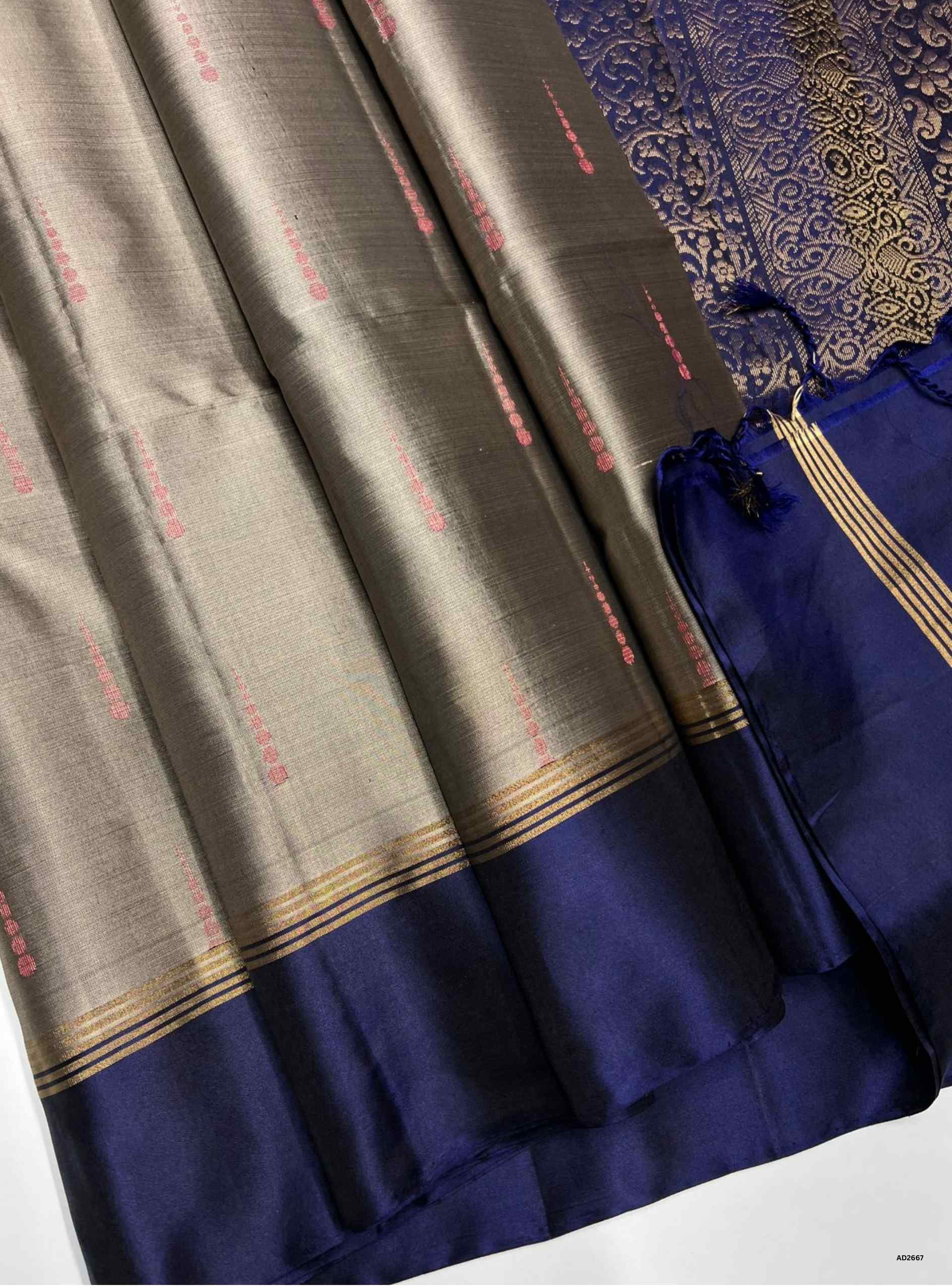 Grey & Navy - Soft Silk Saree