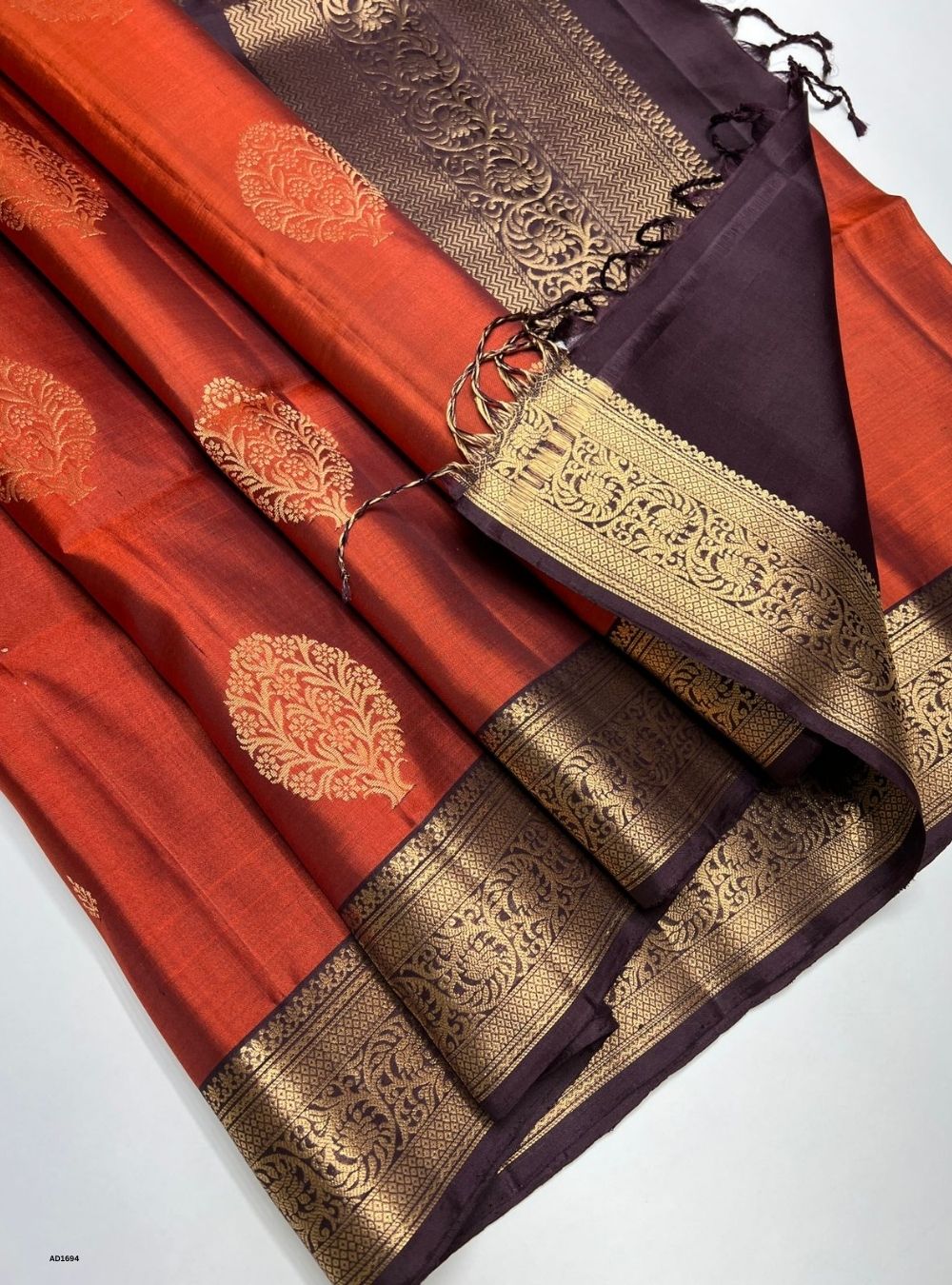 Rust Orange & Coffee Brown - Soft Silk Saree