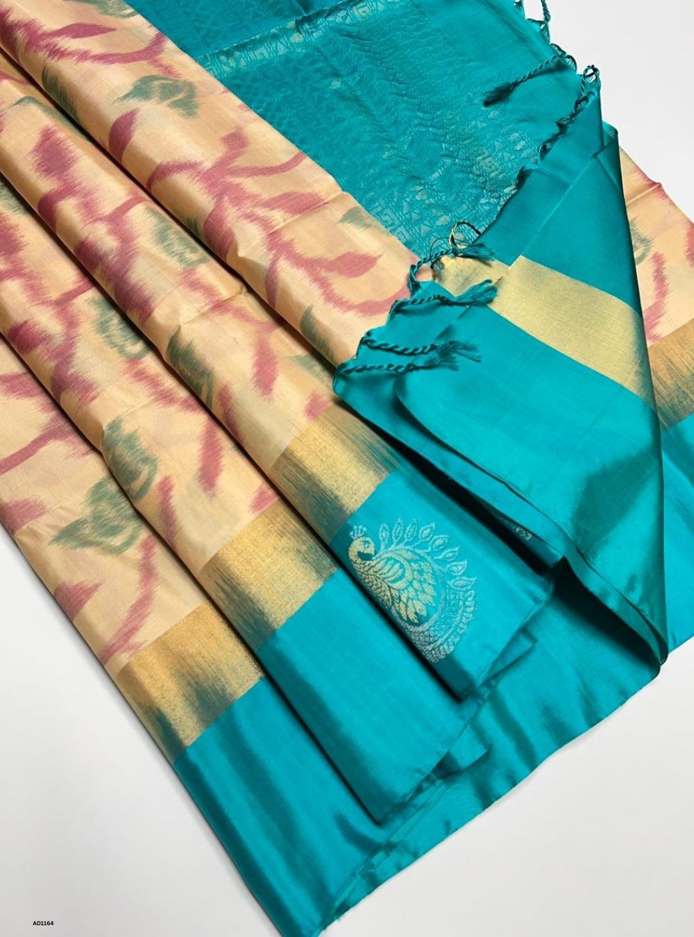 Beige & Turquoise - Soft Silk Saree