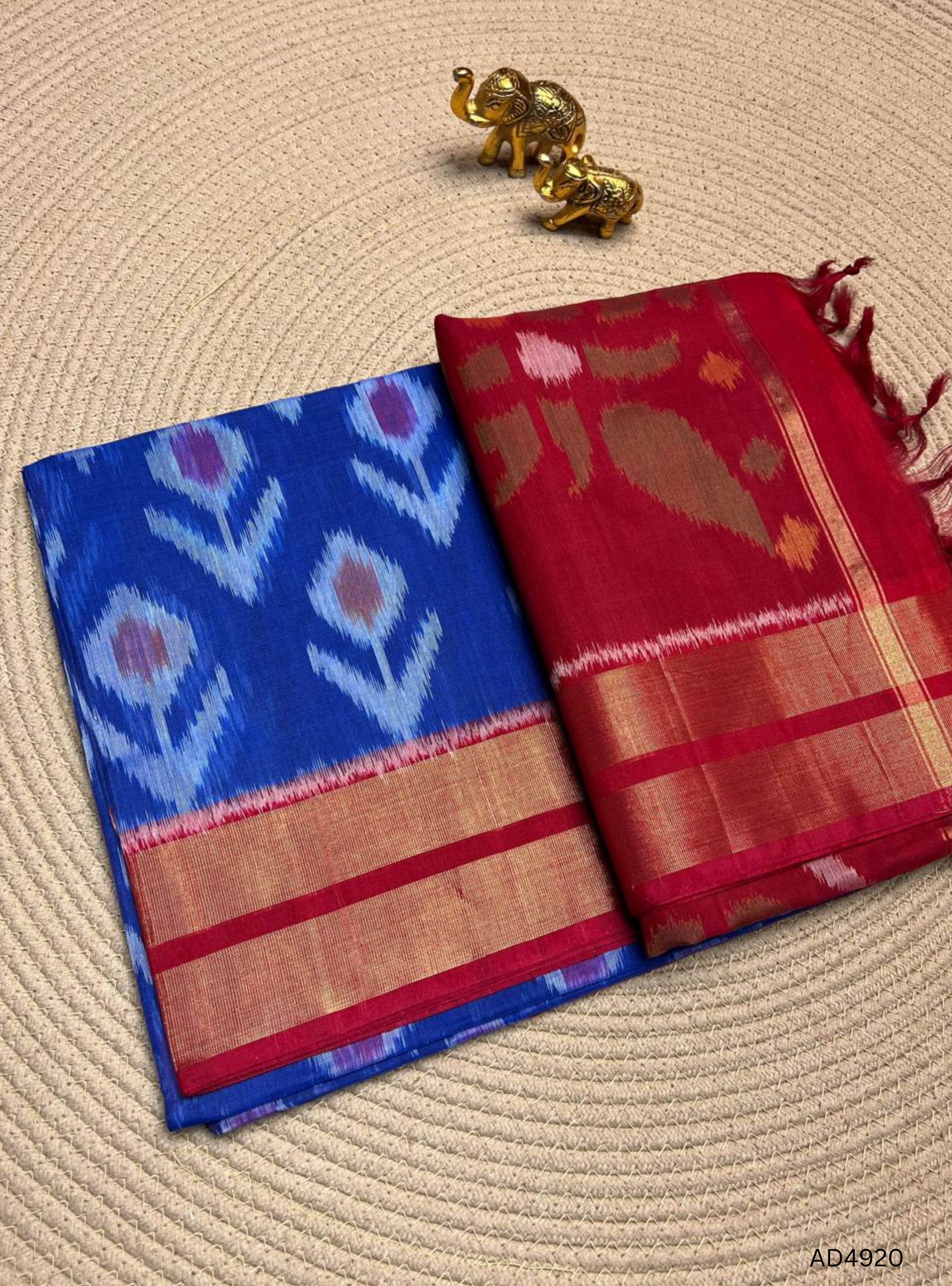 Blue , White & Red - Ikkat Kora Cotton Saree