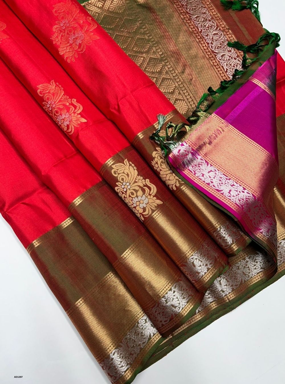 Red & Green -  Soft Silk Saree