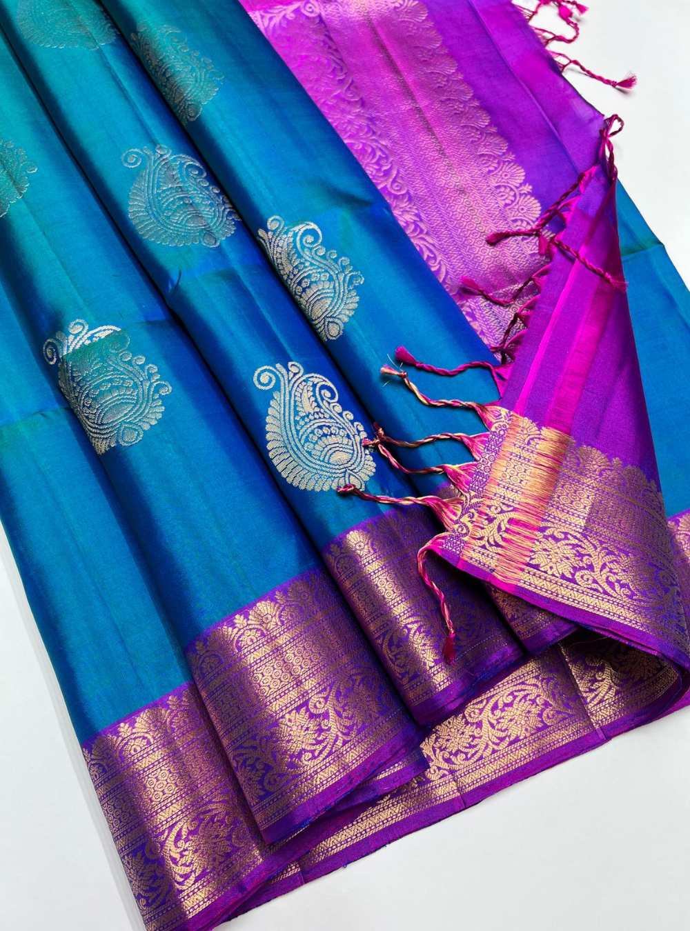 Peacock Blue & Purple - Soft Silk Saree
