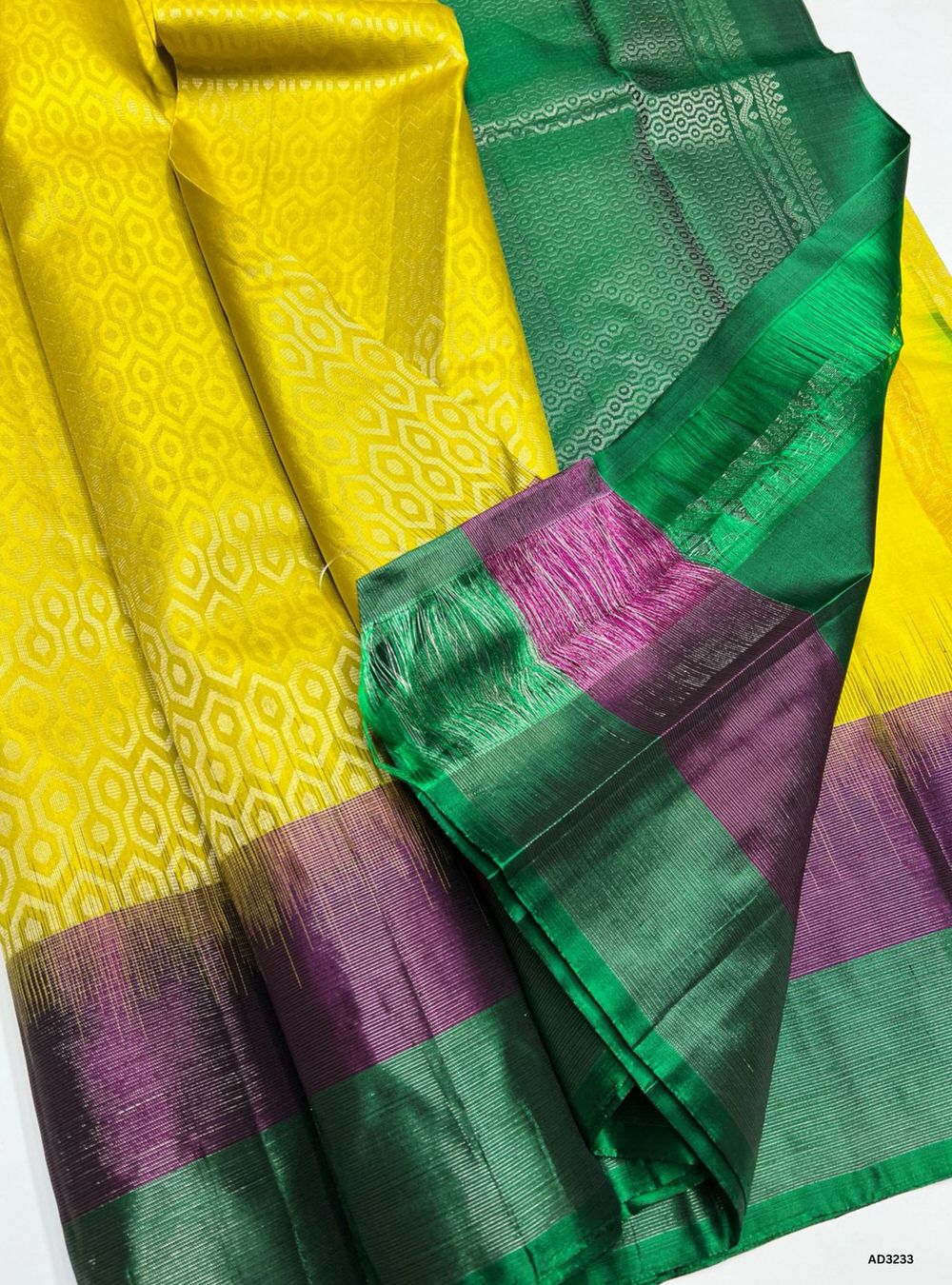 Yellow, Plum & Green - Soft Silk Saree