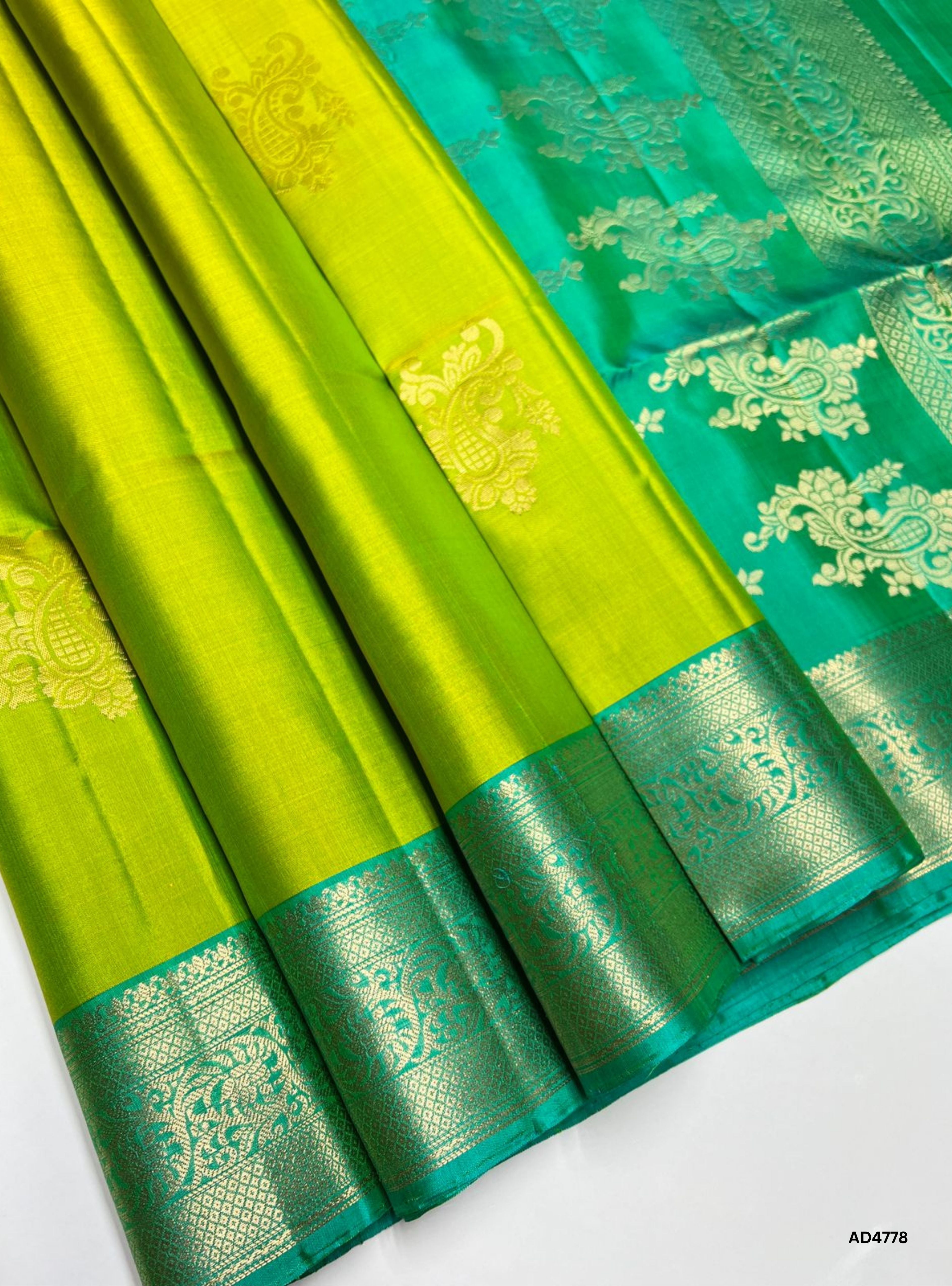 Parrot Green & Aqua Blue - Kanchi Border Soft Silk Saree