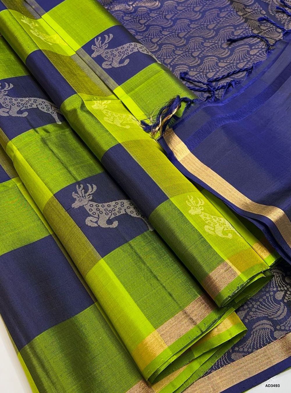 Lime Green & Navy - Soft Silk Saree