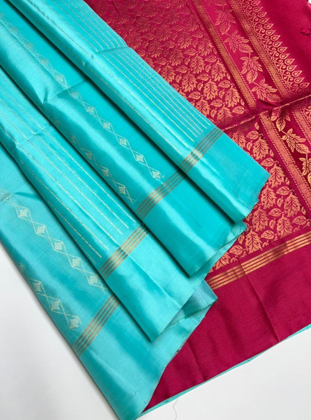 Sky Blue & Pink - Soft Silk Saree