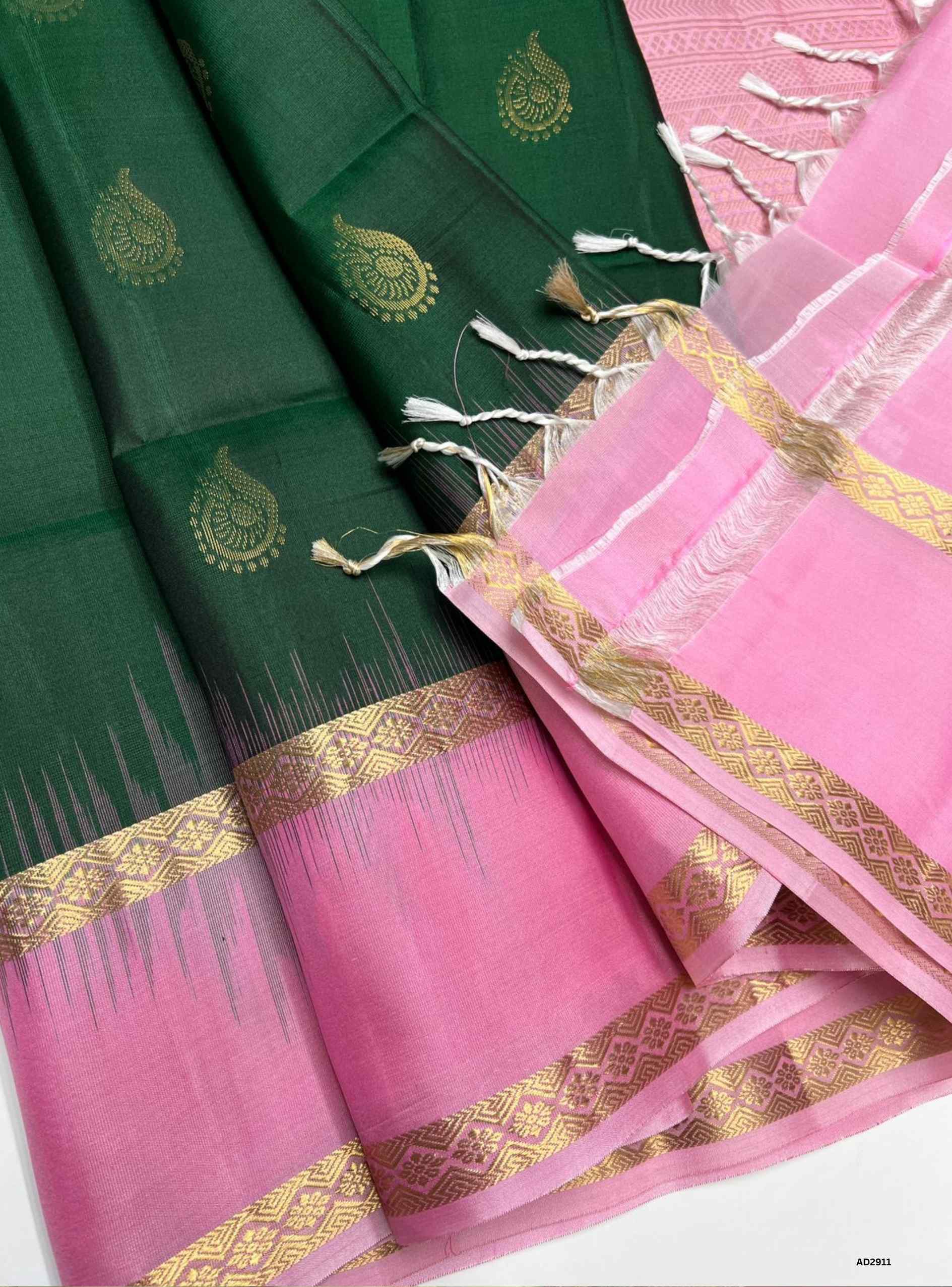 Bottle Green & Lotus Pink - Soft Silk Saree