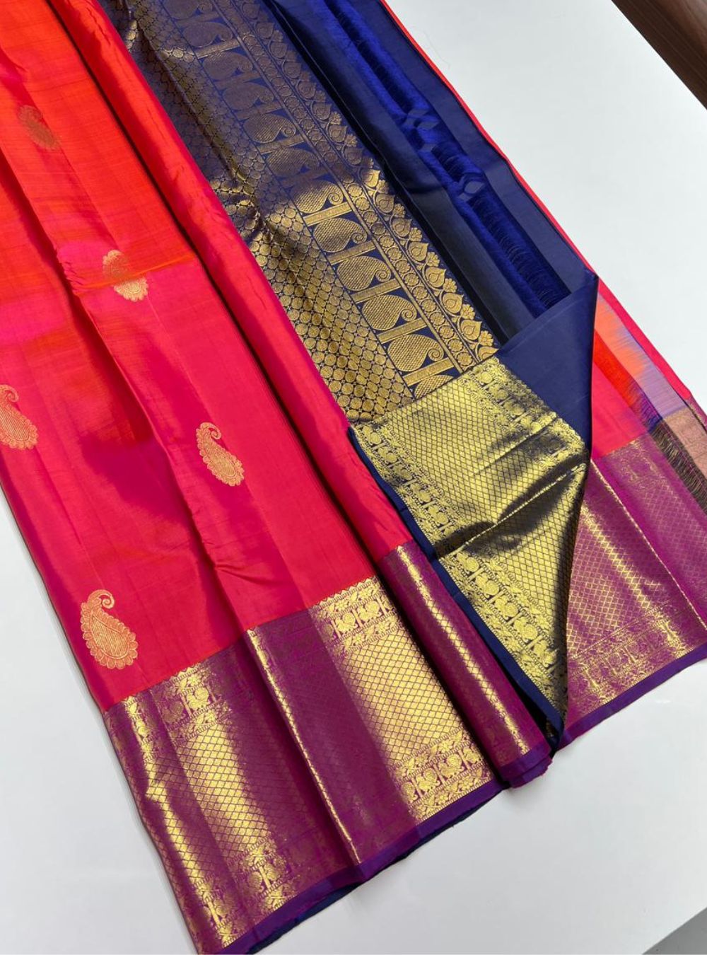 Orangish Pink & Purple - Kanjeevaram Silk Saree
