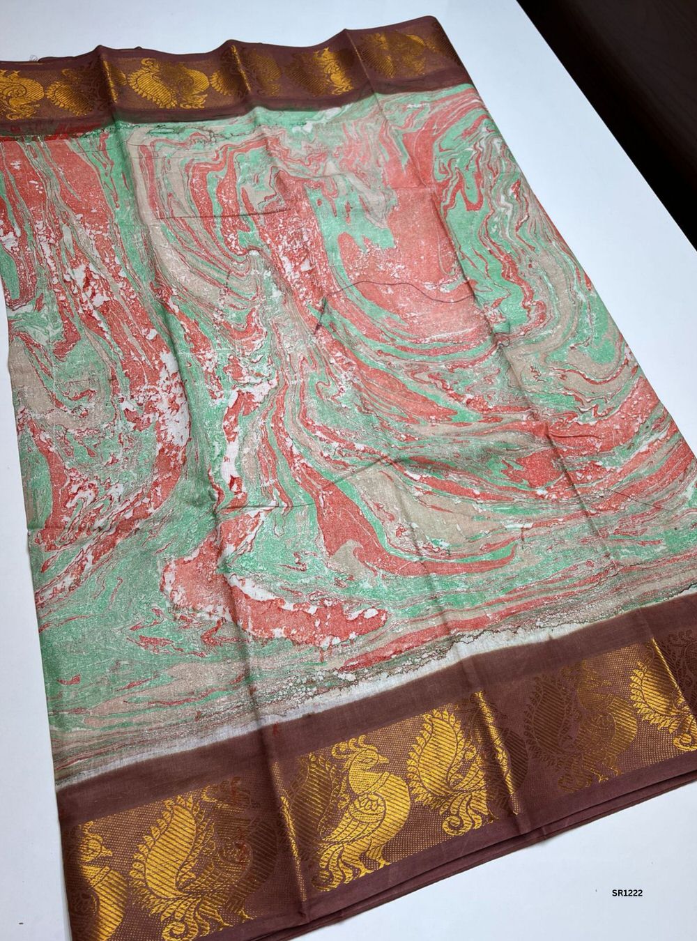 Light Red & Chocolate - Marble Print Chungudi Cotton