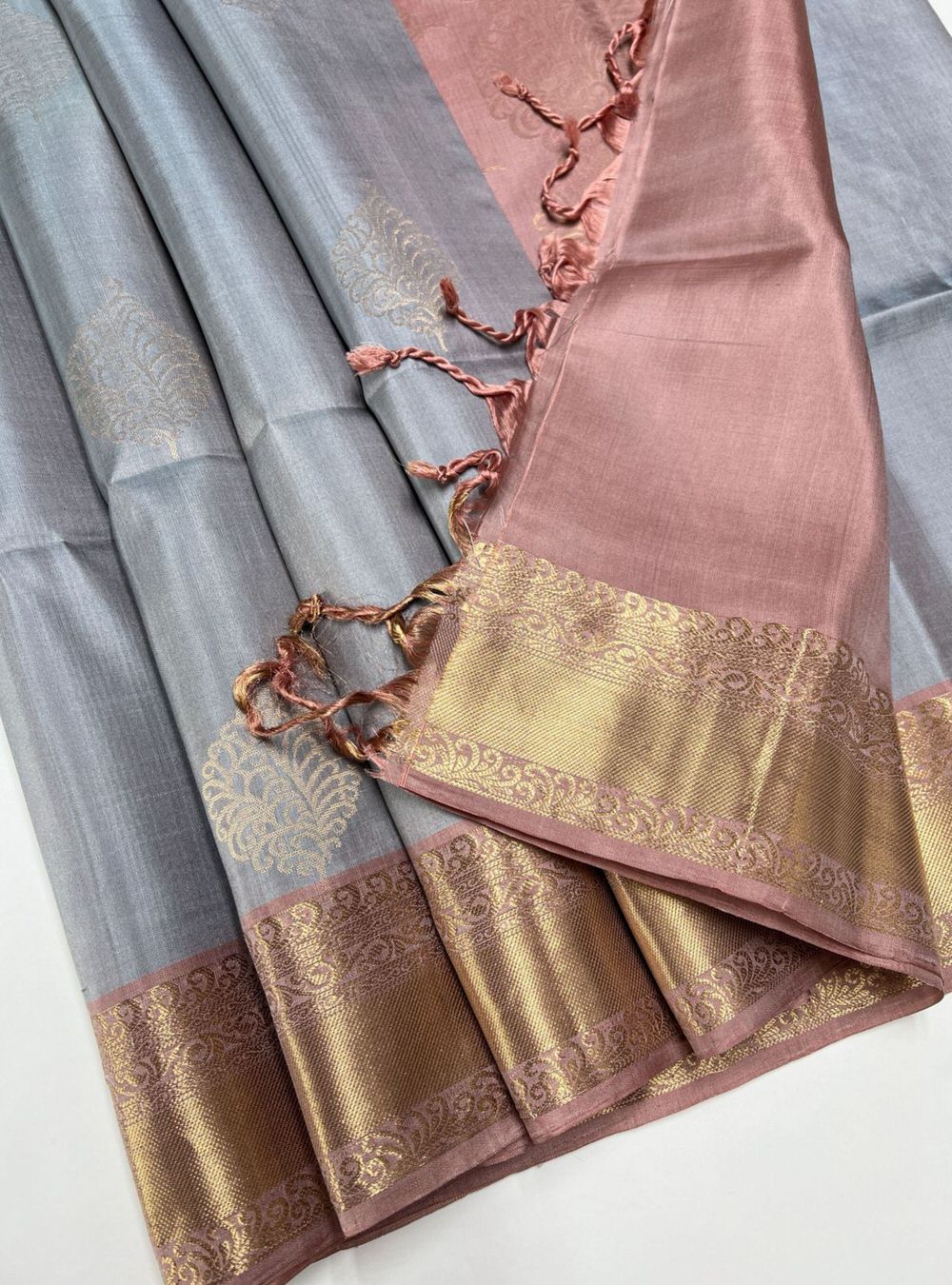 Grey & Cream Pink - Soft Silk Saree Minor Damage