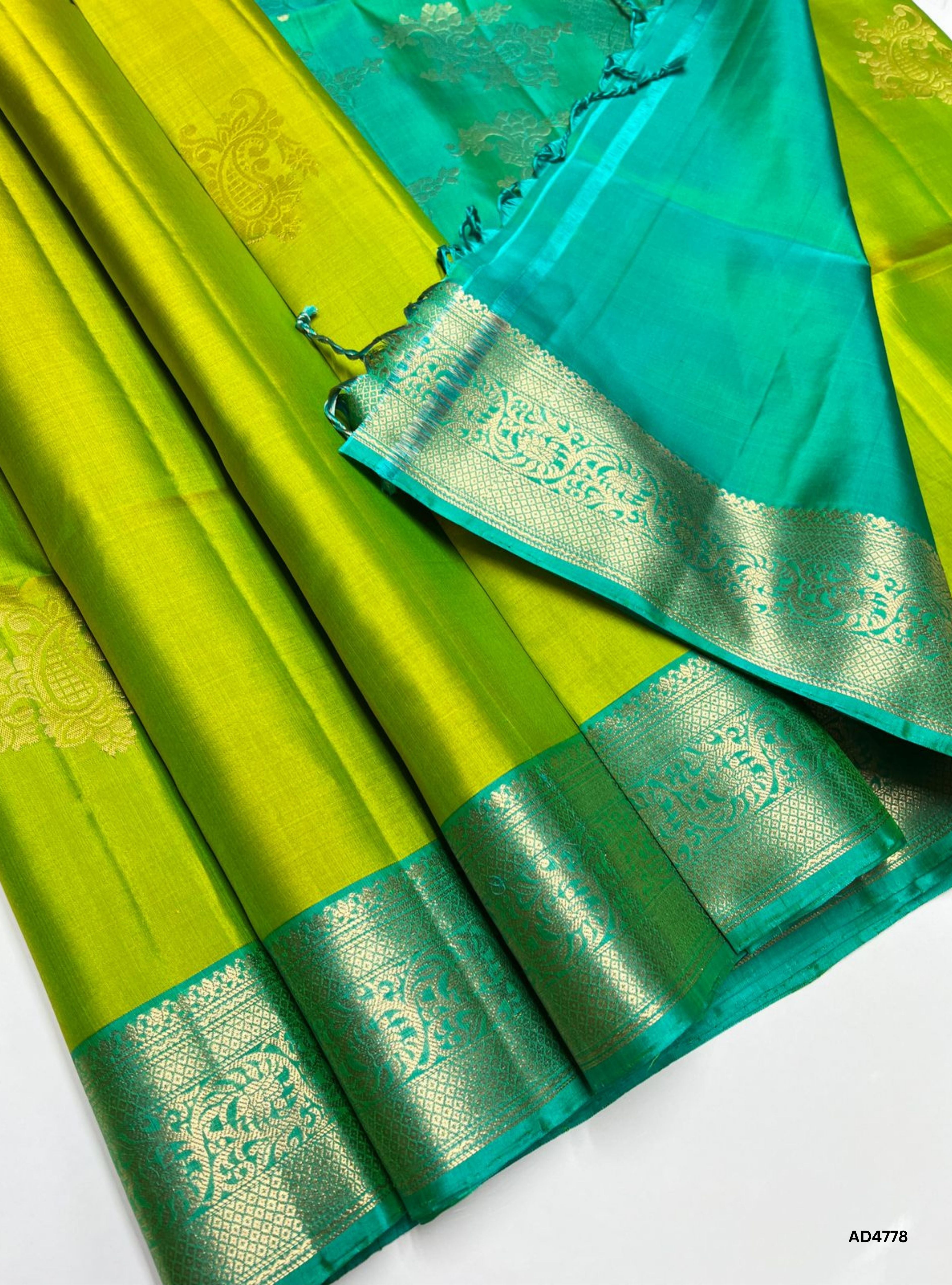 Parrot Green & Aqua Blue - Kanchi Border Soft Silk Saree