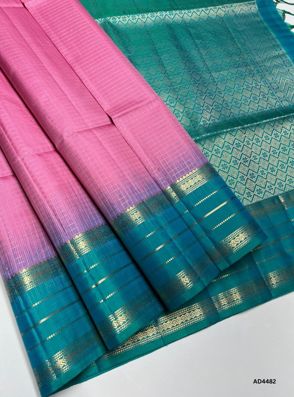 Pink & Aqua Green - Checkerd Retta Pett Saree