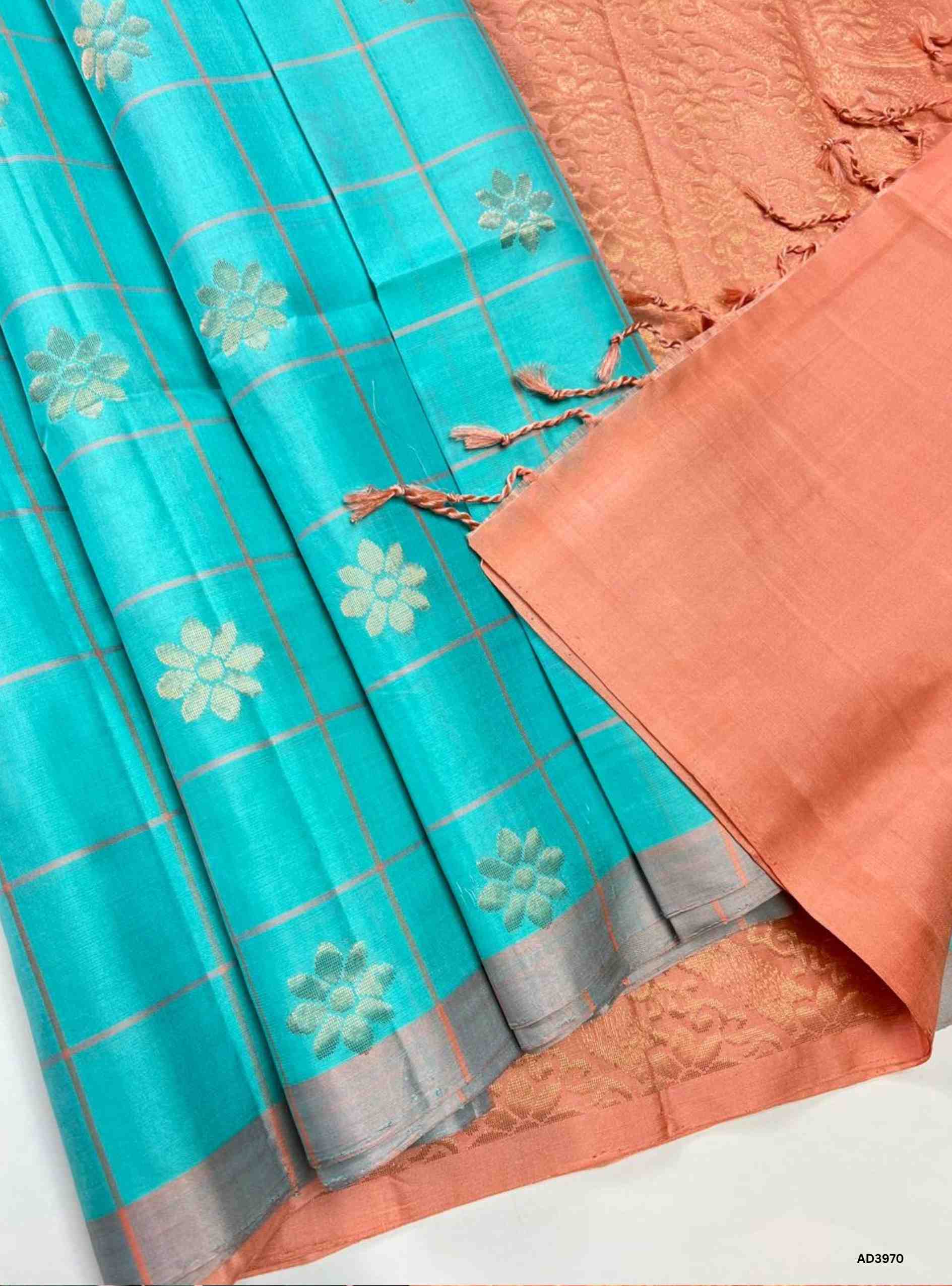 Turquoise & Peach - Checkered Soft Silk Saree