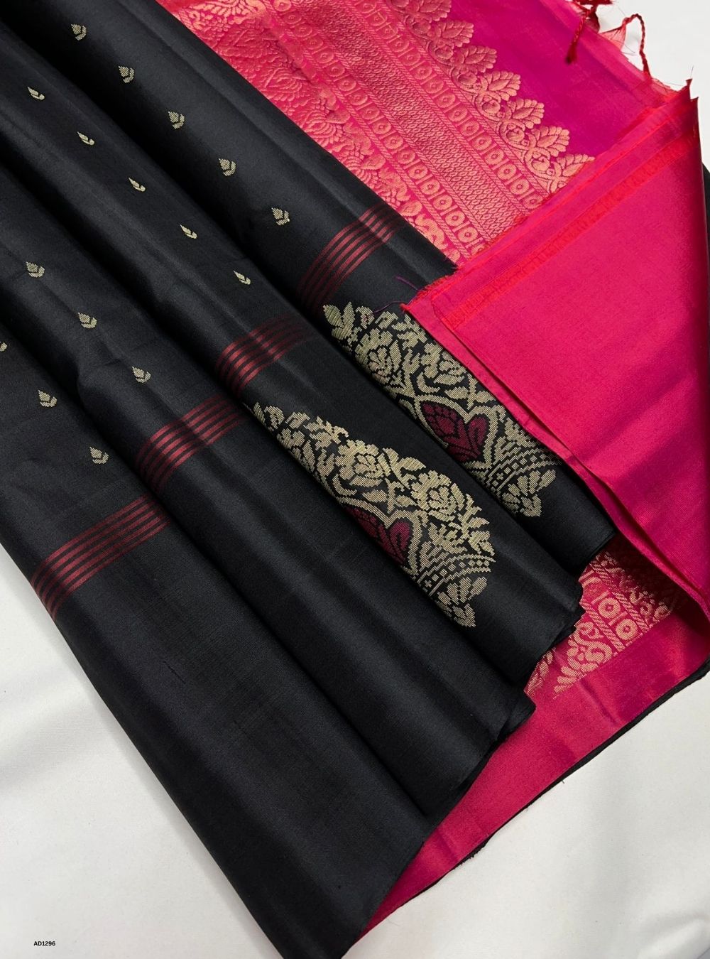 Black & Reddish Pink - Soft Silk Saree