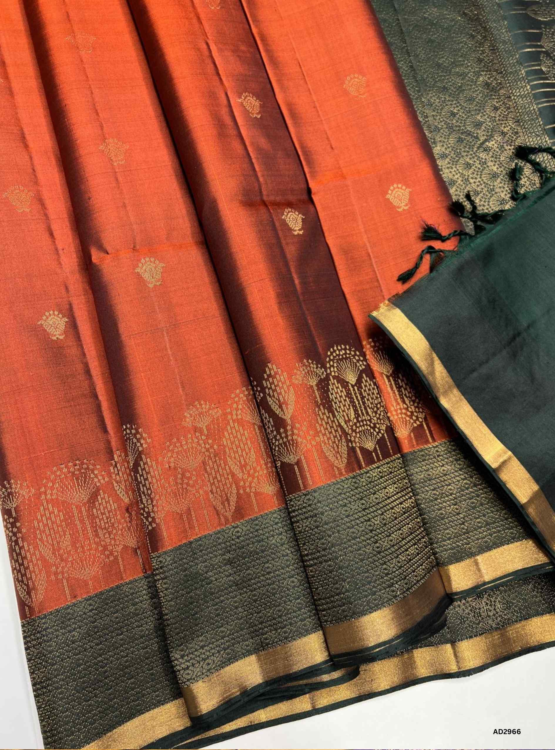 Brown & Dark Green - Soft Silk Saree