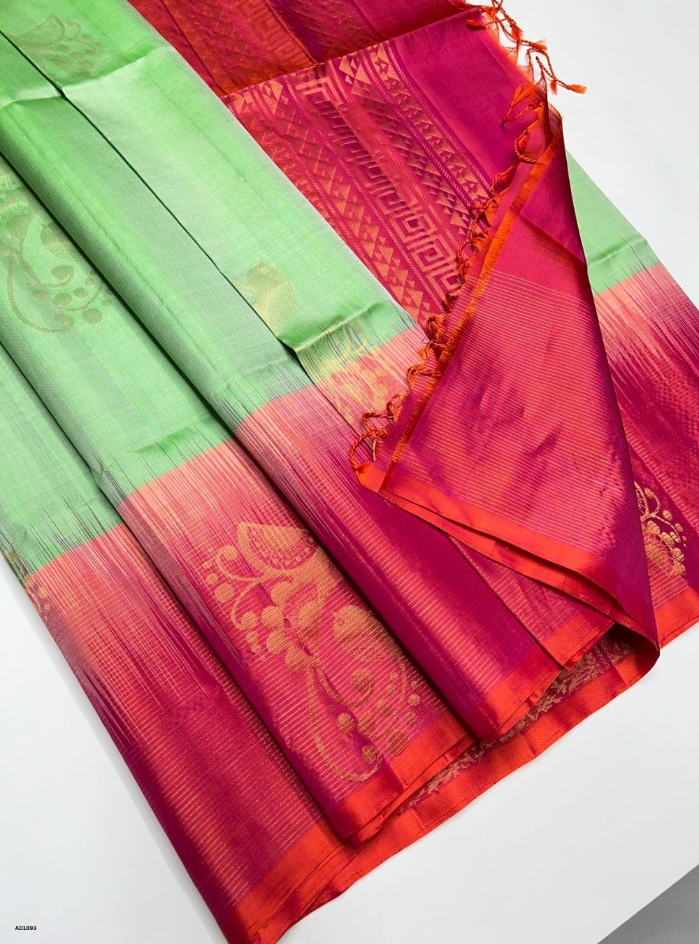 Pista Green & Orangish Pink -  Soft Silk Saree