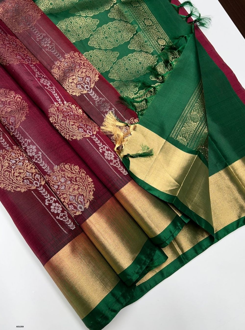 Chocolate Brown & Green -  Soft Silk Saree
