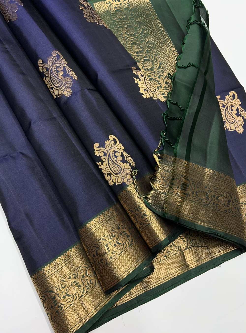 Dark Navy & Dark Green - Soft Silk Saree