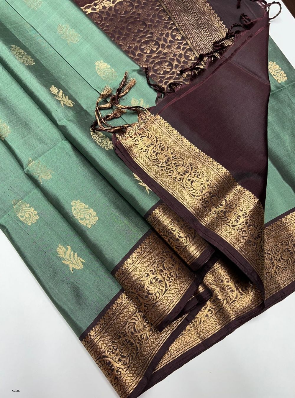 Mint Green & Coffee Brown -  Soft Silk Saree