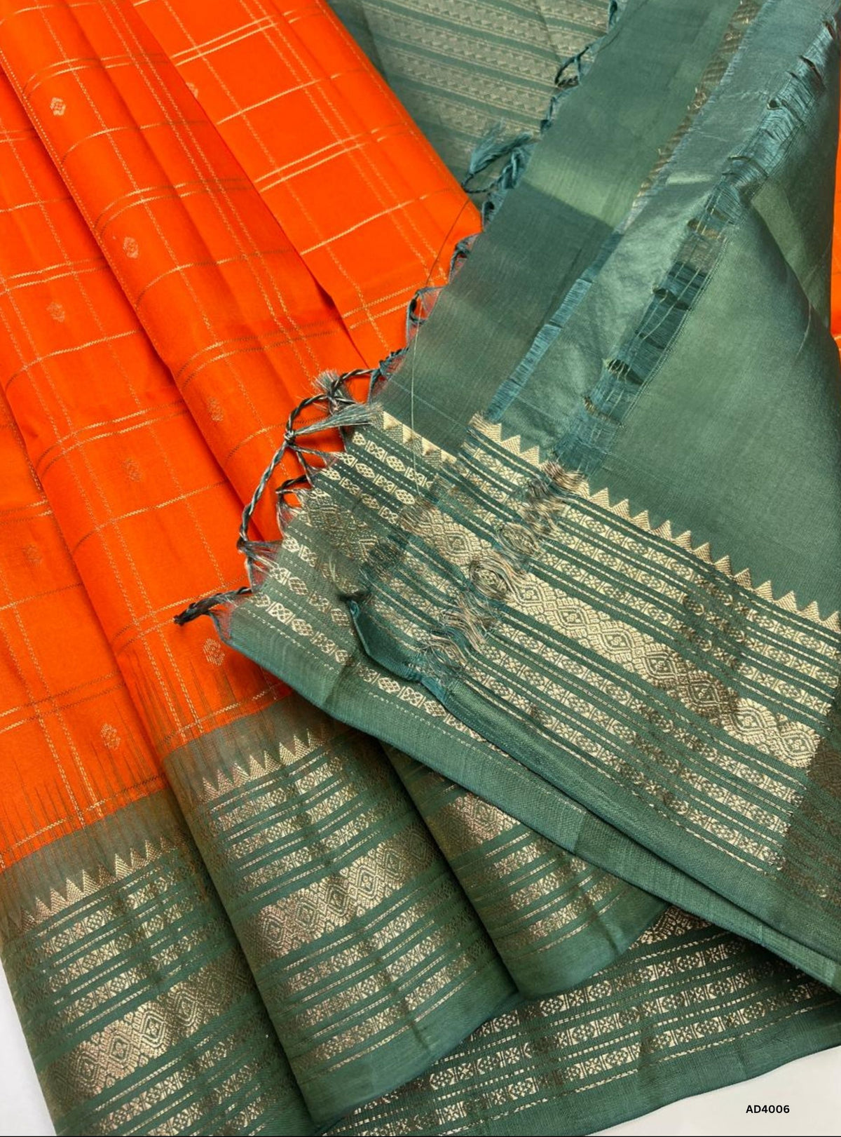 Orange & mint Green - Checkerd Retta Pet Saree