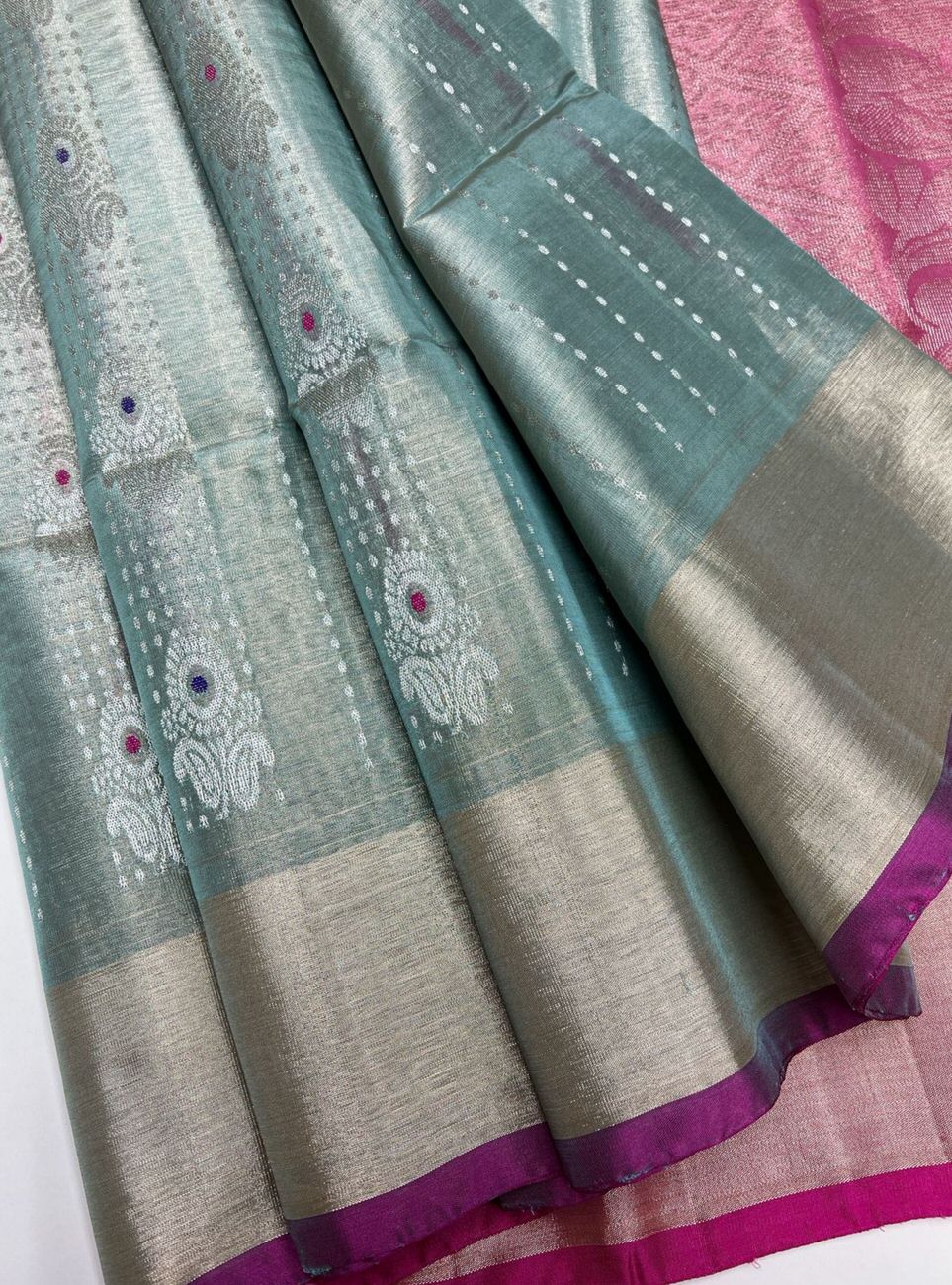 Pastel Green & Pink - Tissue Uppada Saree