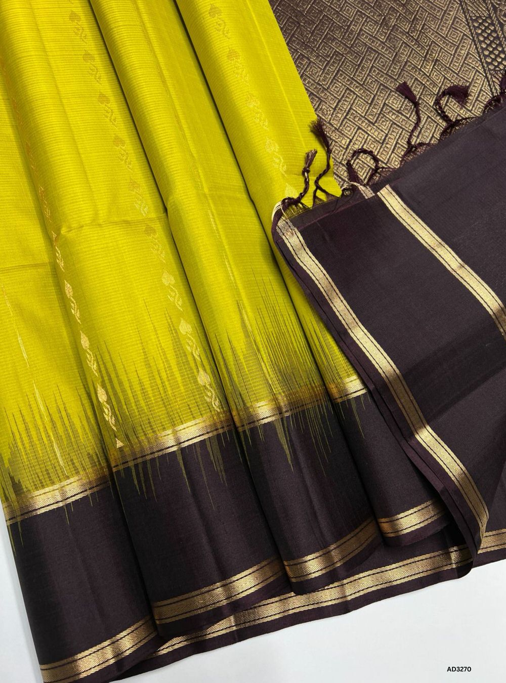 Chartreuse & Dark Coffee Brown - Soft Silk Saree