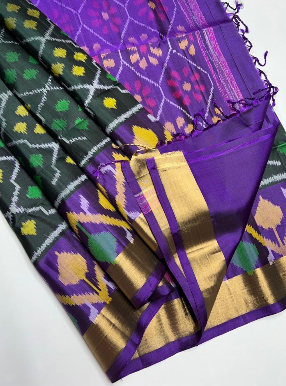 Bottle Green & Purple - Soft Silk Saree