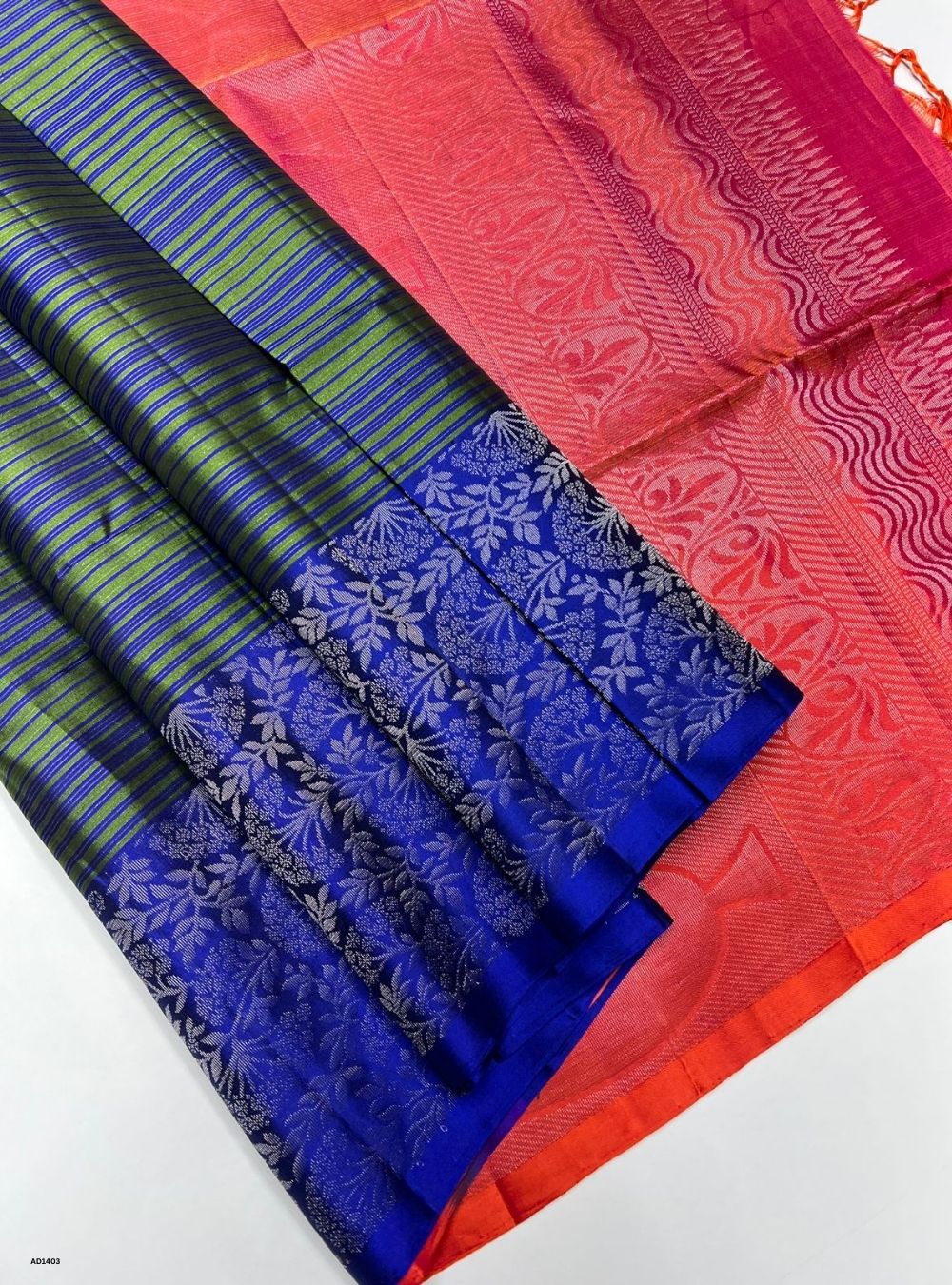 Blue & Orangish Pink - Soft Silk Saree