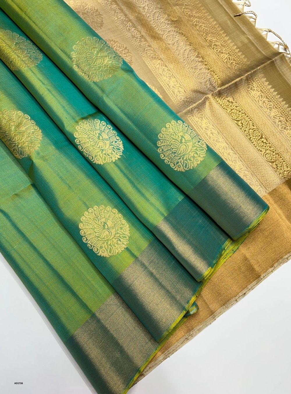 Dual Tone Green & Beige  - Soft Silk Saree
