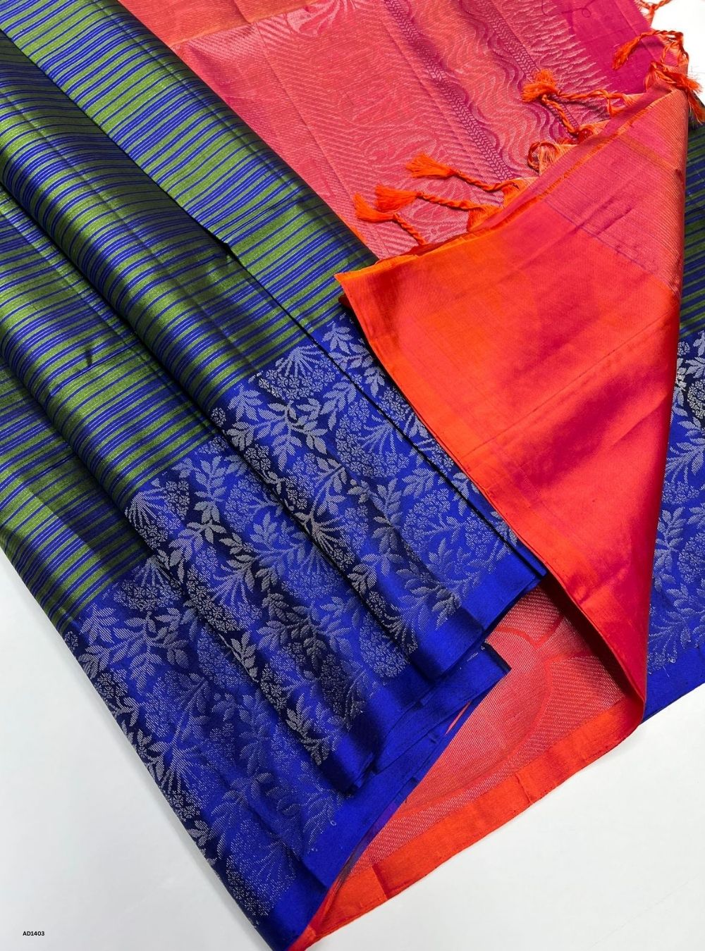 Blue & Orangish Pink - Soft Silk Saree