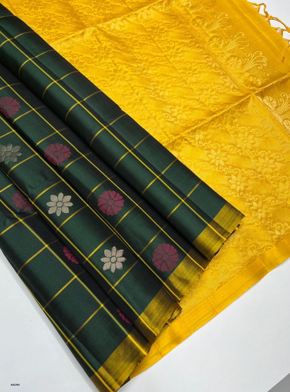 Bottle Green & Yellow -  Soft Silk Saree