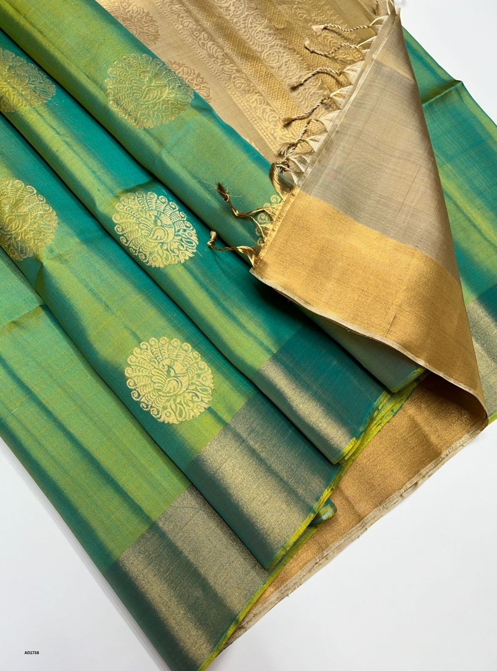 Dual Tone Green & Beige  - Soft Silk Saree