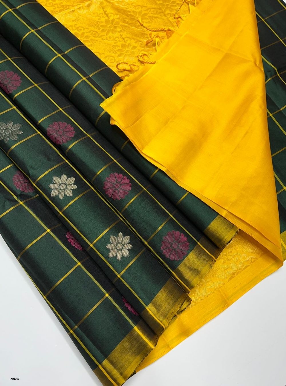Bottle Green & Yellow -  Soft Silk Saree