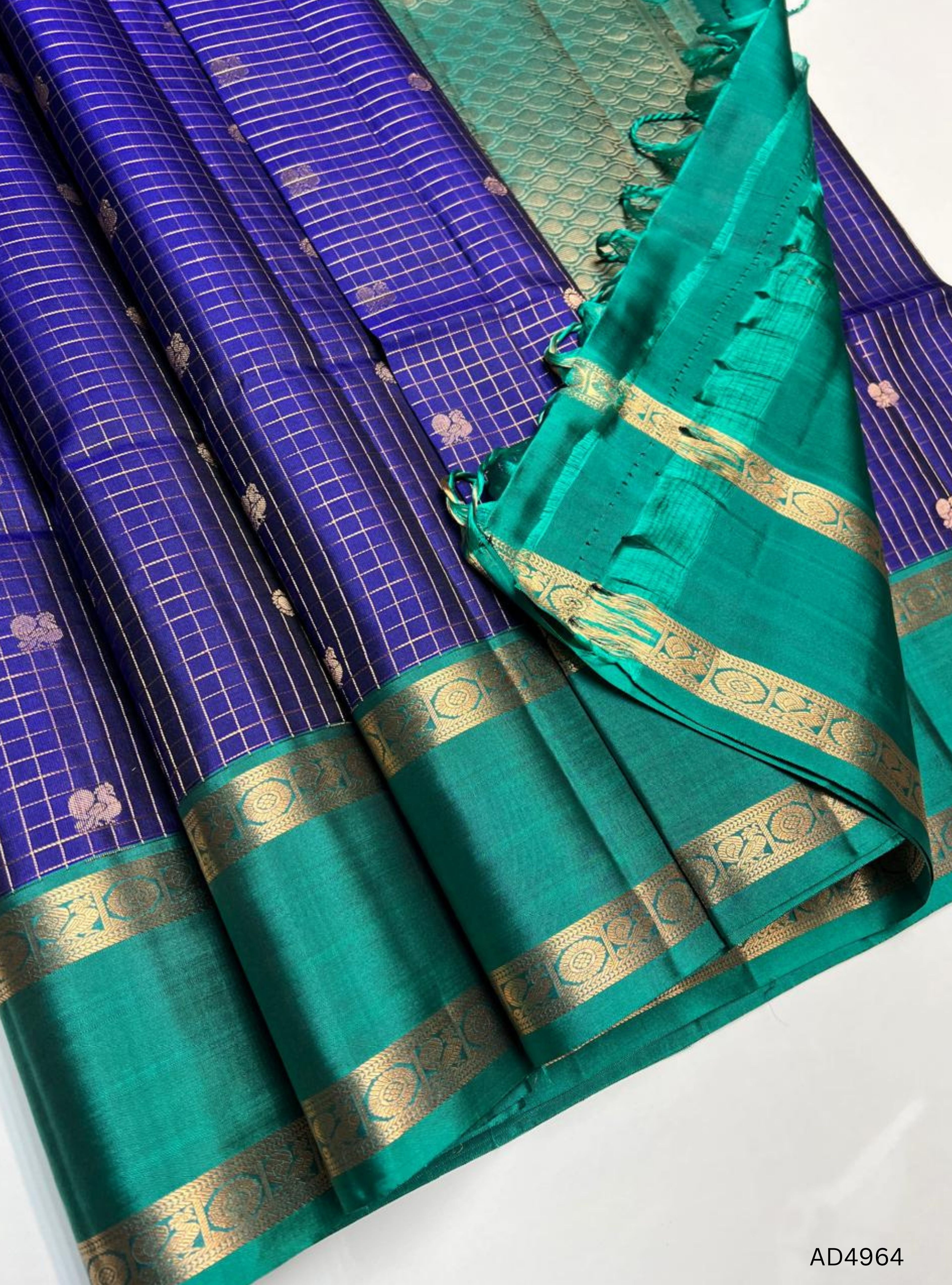 Blue & Rama Green - Checkerd Retta Pet Soft Silk Saree
