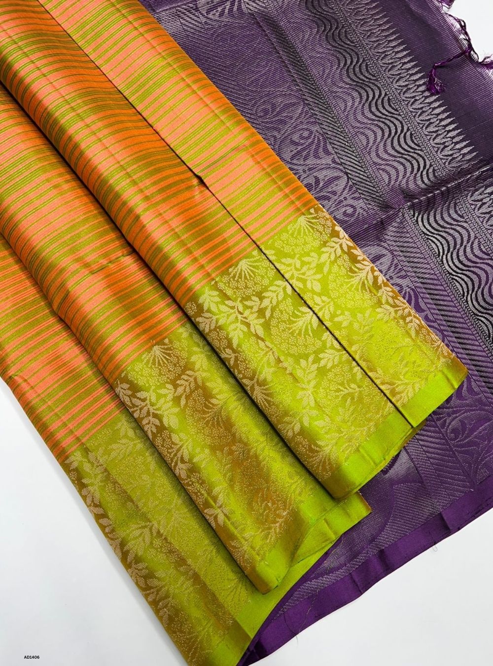 Peach, Green & Purple - Soft Silk Saree