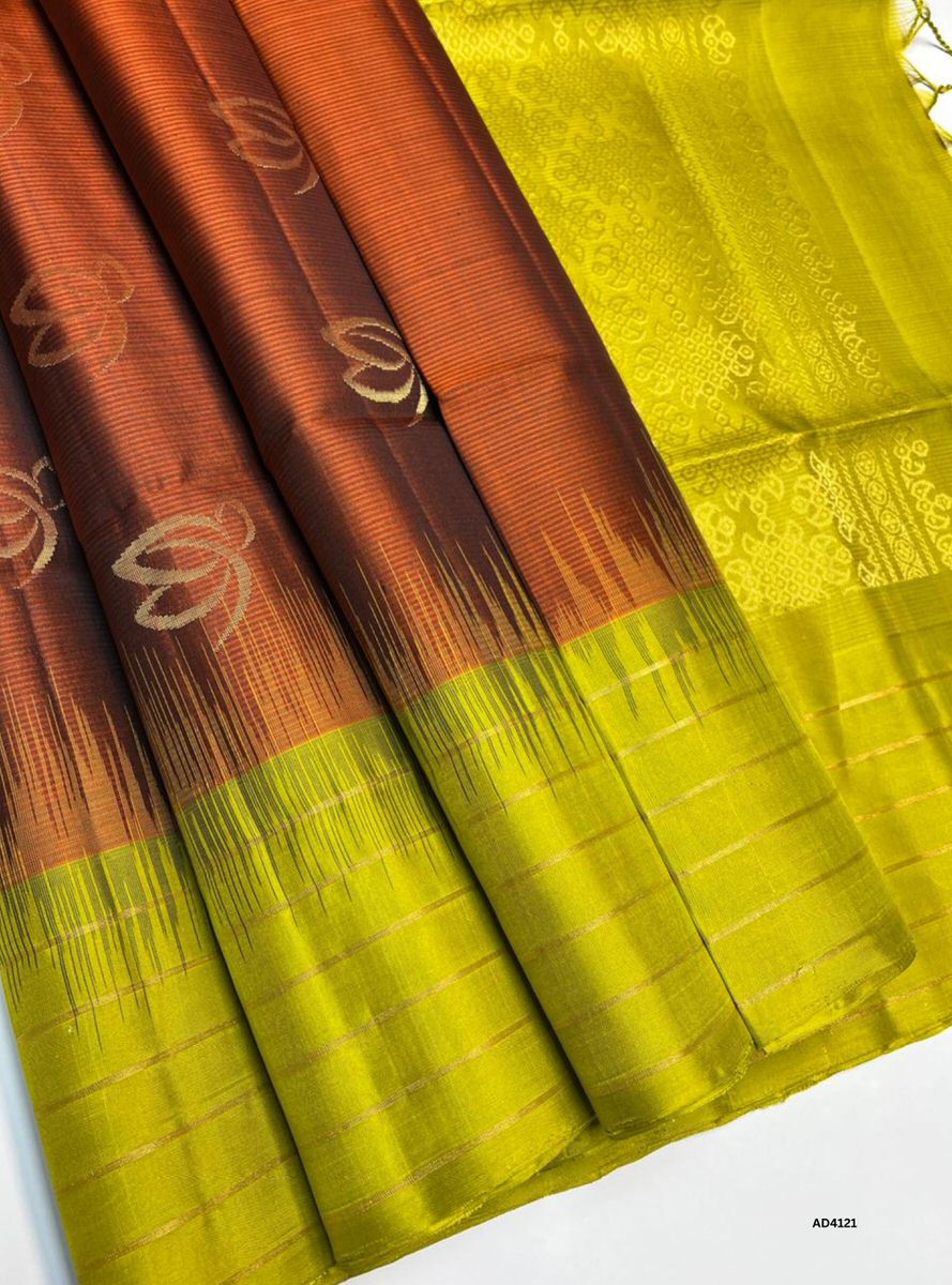 Rust & Lime Green - Fancy Border Soft Silk Saree