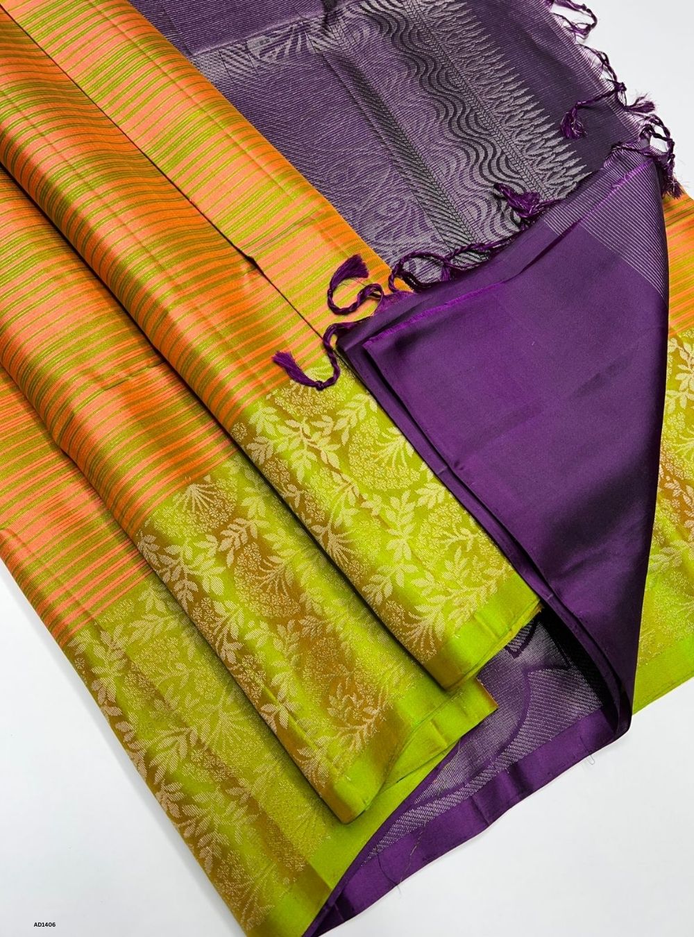 Peach, Green & Purple - Soft Silk Saree