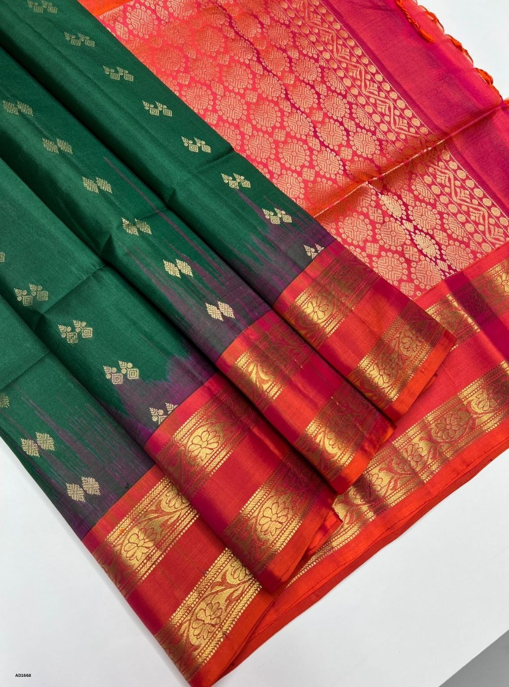 Bottle Green & Orangish Pink -  Soft Silk Saree