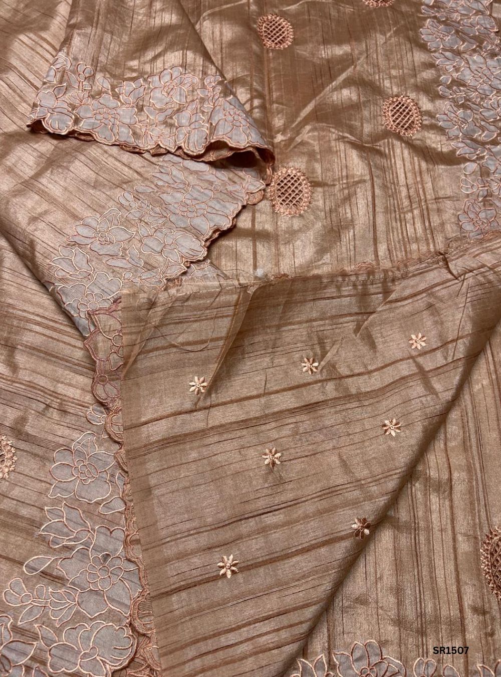 Creamy Peach - Semi Tussar Applique Cut Work Saree