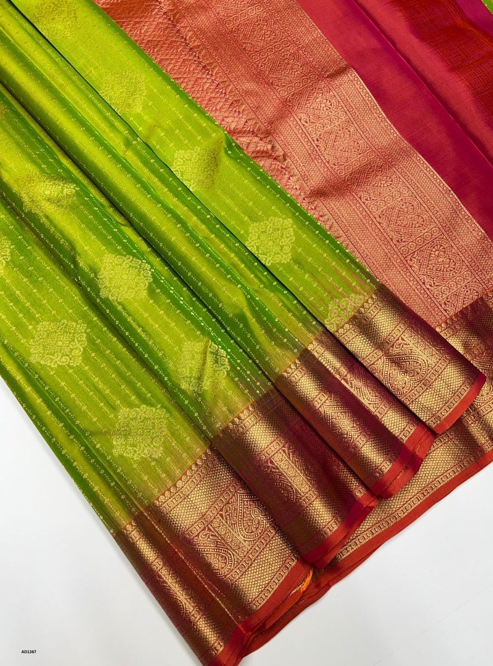Lime Green & Orangish Pink -  Soft Silk Saree