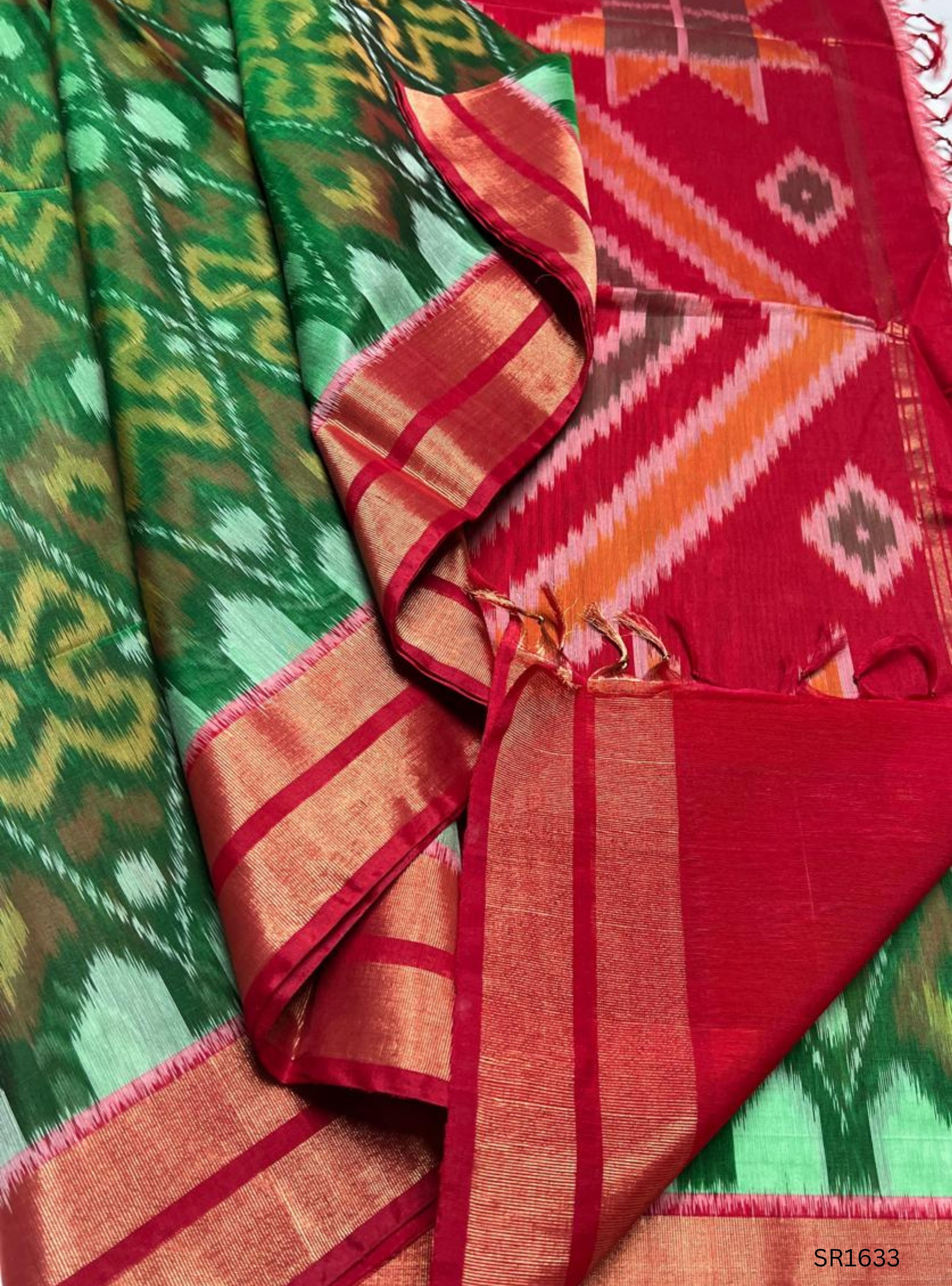 Green , White & Red - Ikkat Kora Cotton Saree