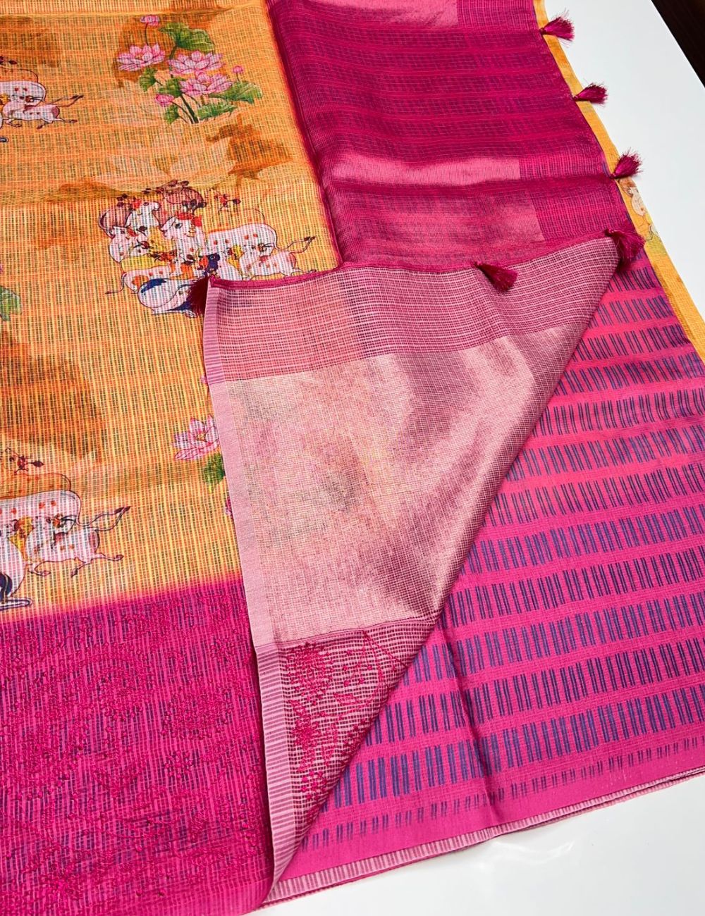 Golden Yellow &  Pink - Cotta Saree