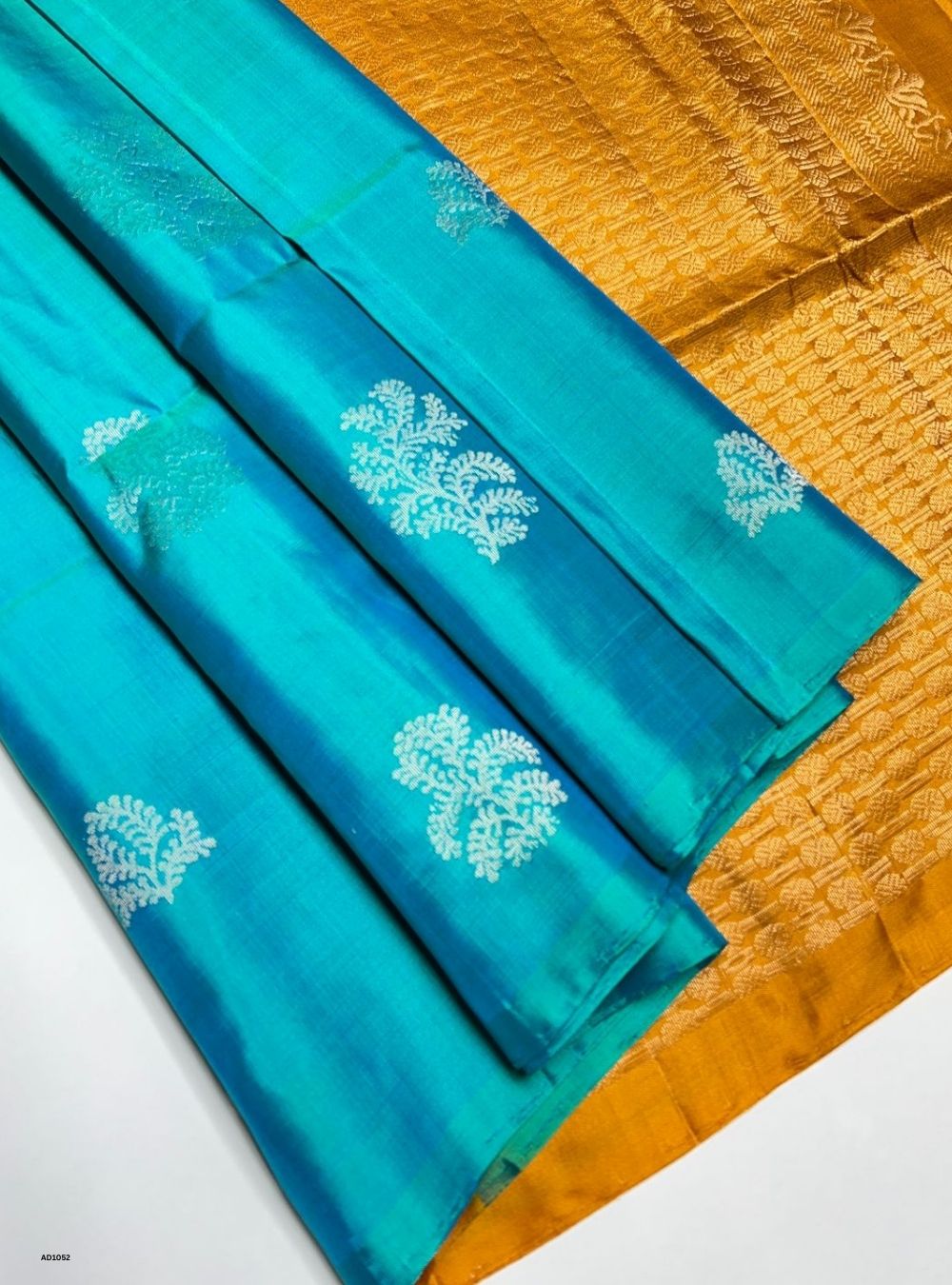 Rama Blue & Mustard Yellow - Soft Silk Saree