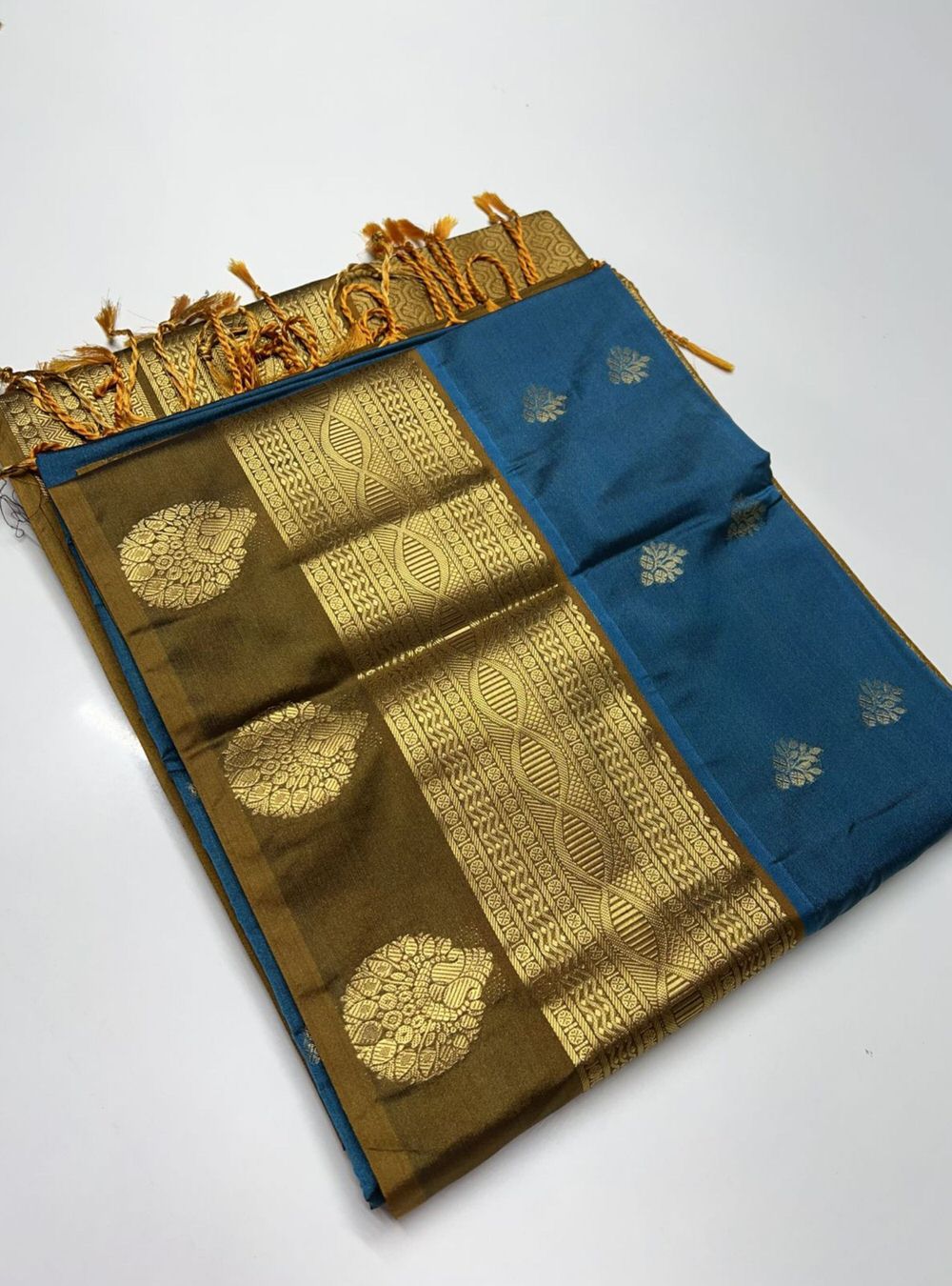 Teal & Mehendi Brown - Semi Silk Saree