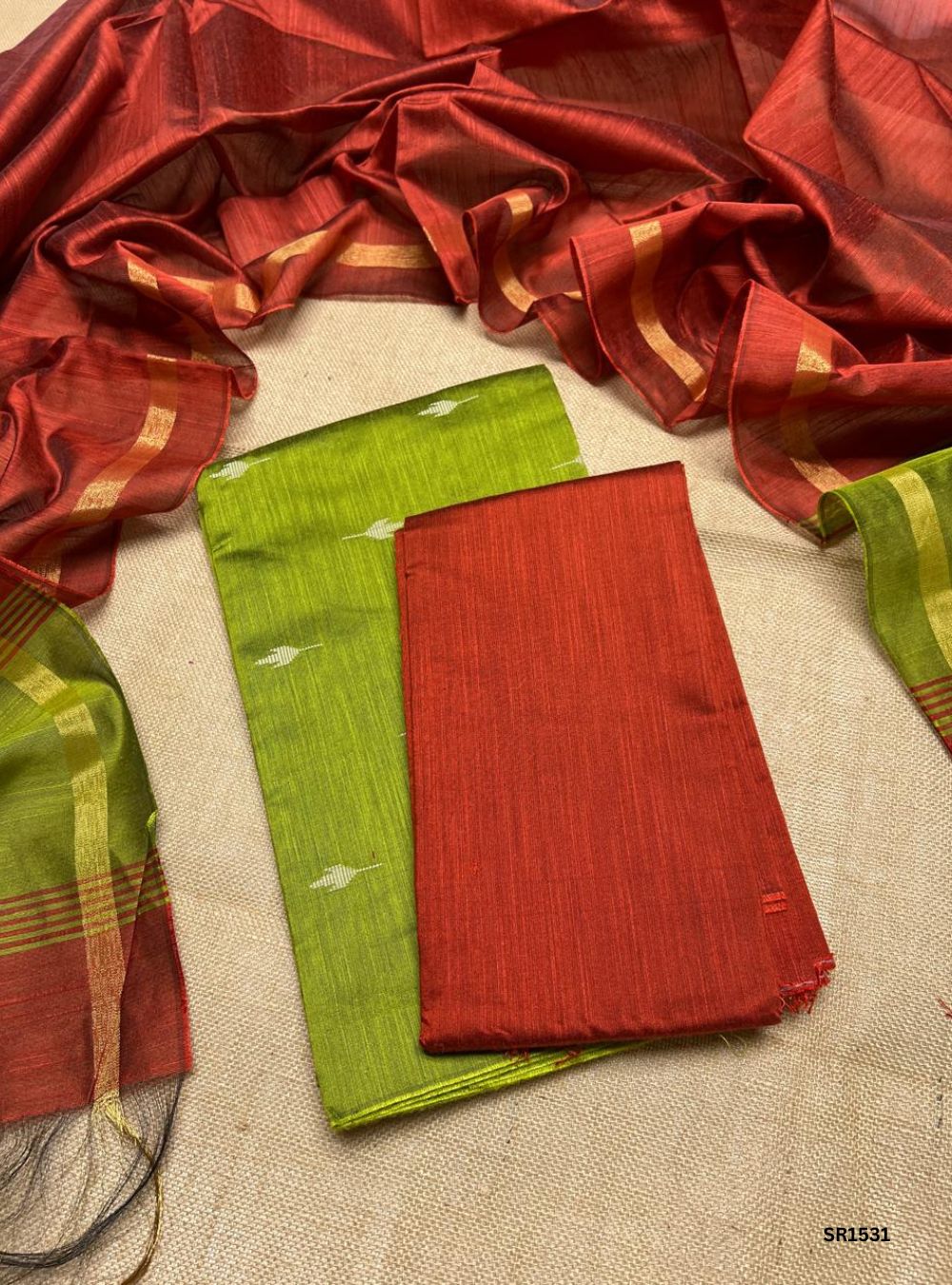 Green - Raw Silk Unstiched Suit 3 Pc Set