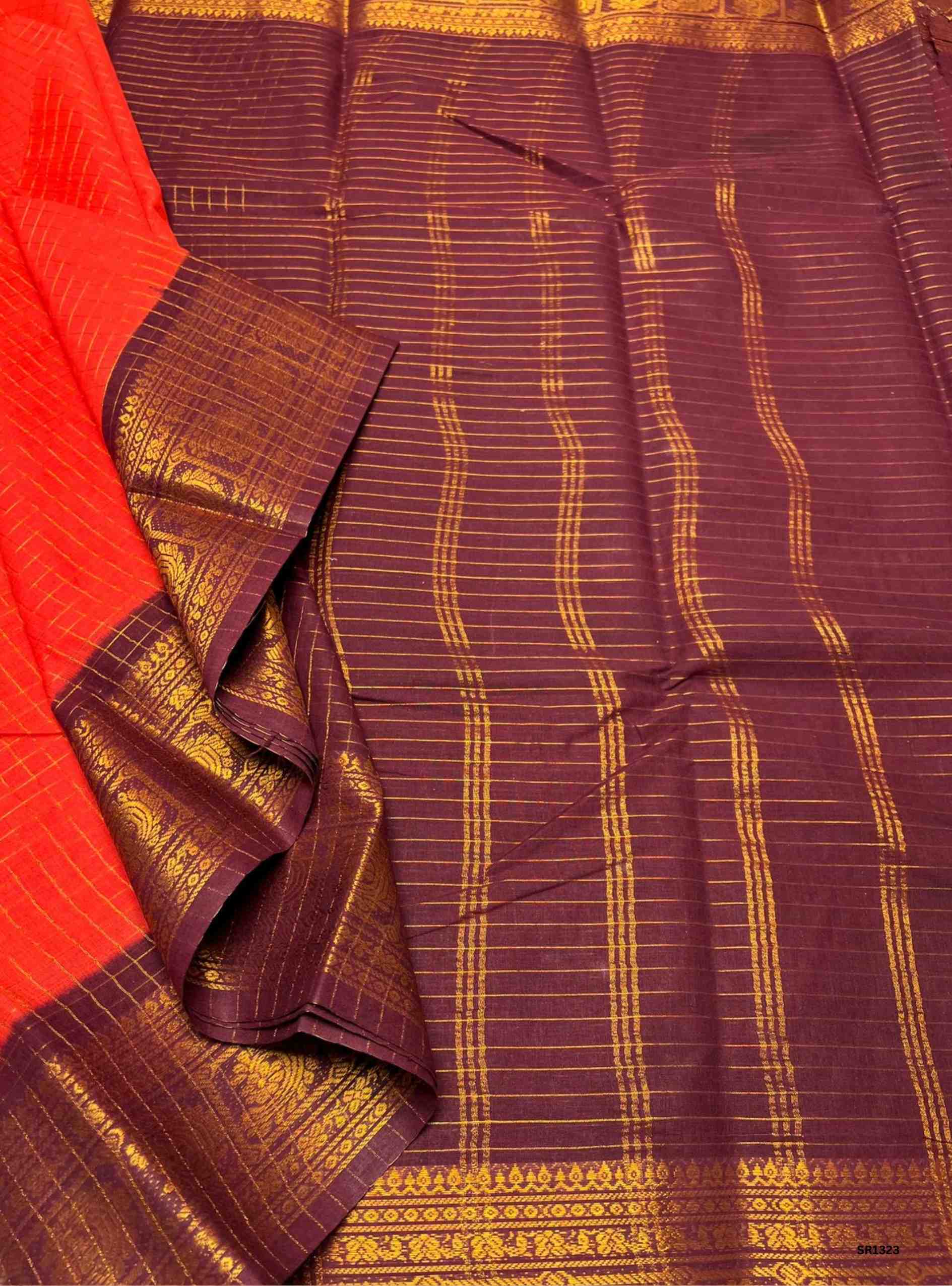 Red & Maroon  - Zari Checks Chungudi Cotton Saree