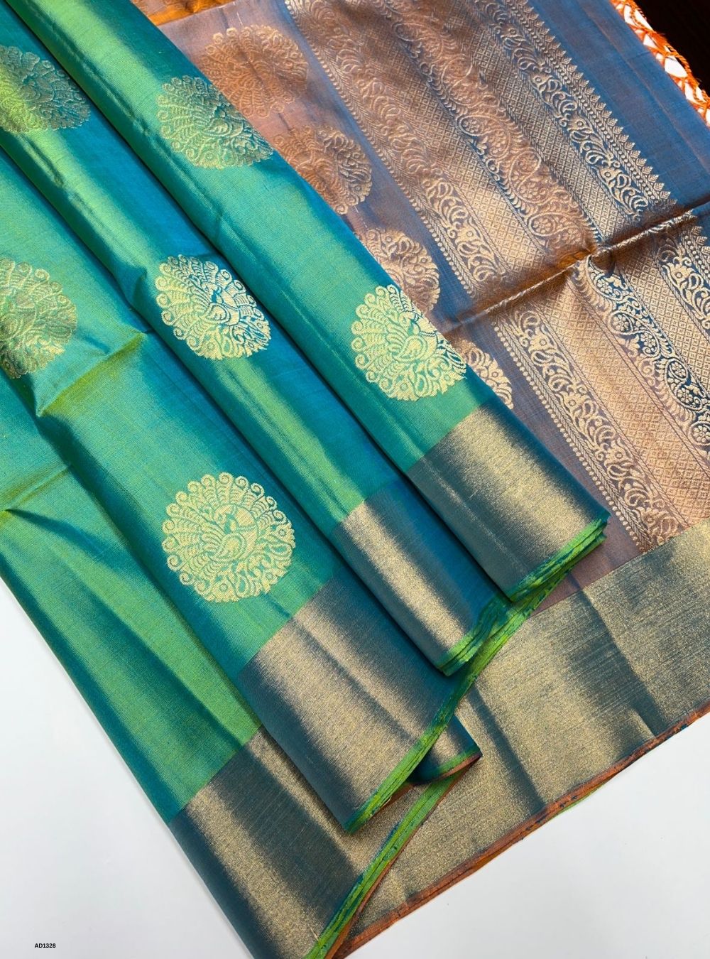 Sea Green & Dual Tone Orange -  Soft Silk Saree