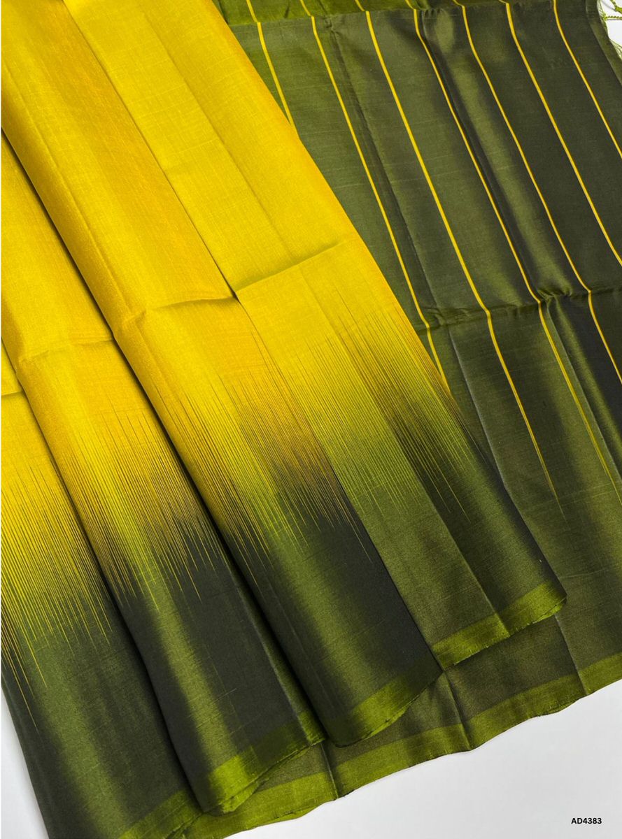 Yellow & Olive Green - Contrast Plain Soft Silk Saree
