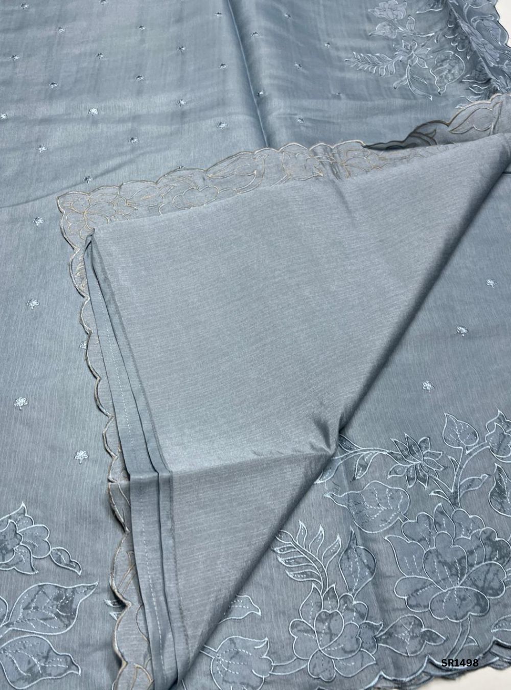 Grey - Applique Semi Tussar Saree